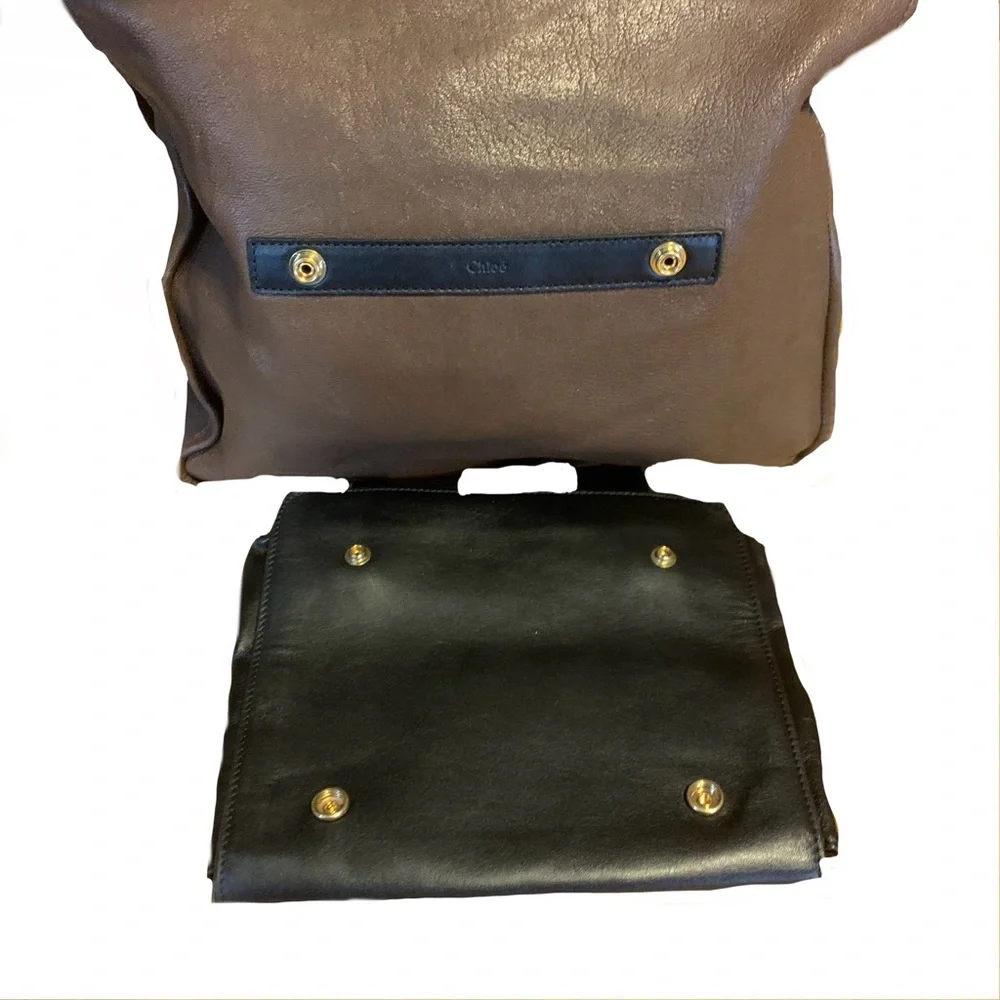 CHLOE FRONT POCKET TOTE BAG IN BROWN & BLACK LEATHER W/DETACHABLE POUCH